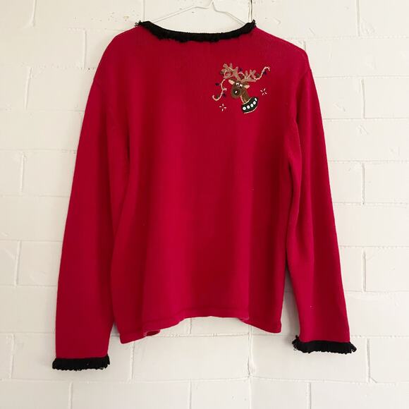 VINTAGE Red Ugly Christmas Sweater Zip Up Reindeer Large L - Picture 6 of 9